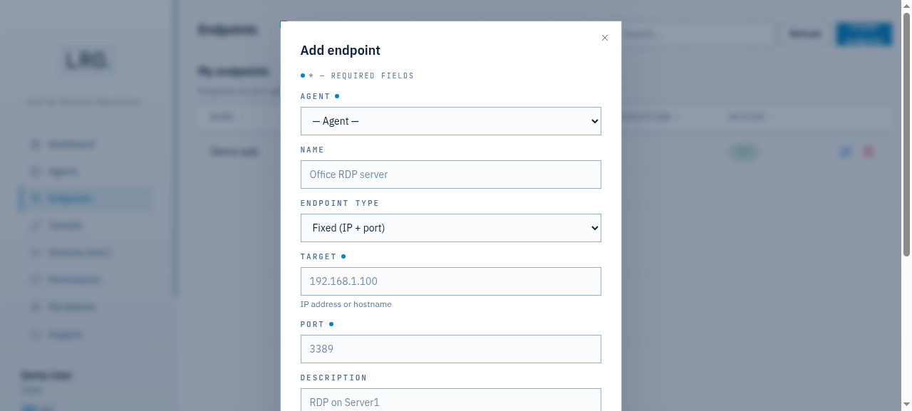 Add endpoint dialog with agent, name, target and port fields