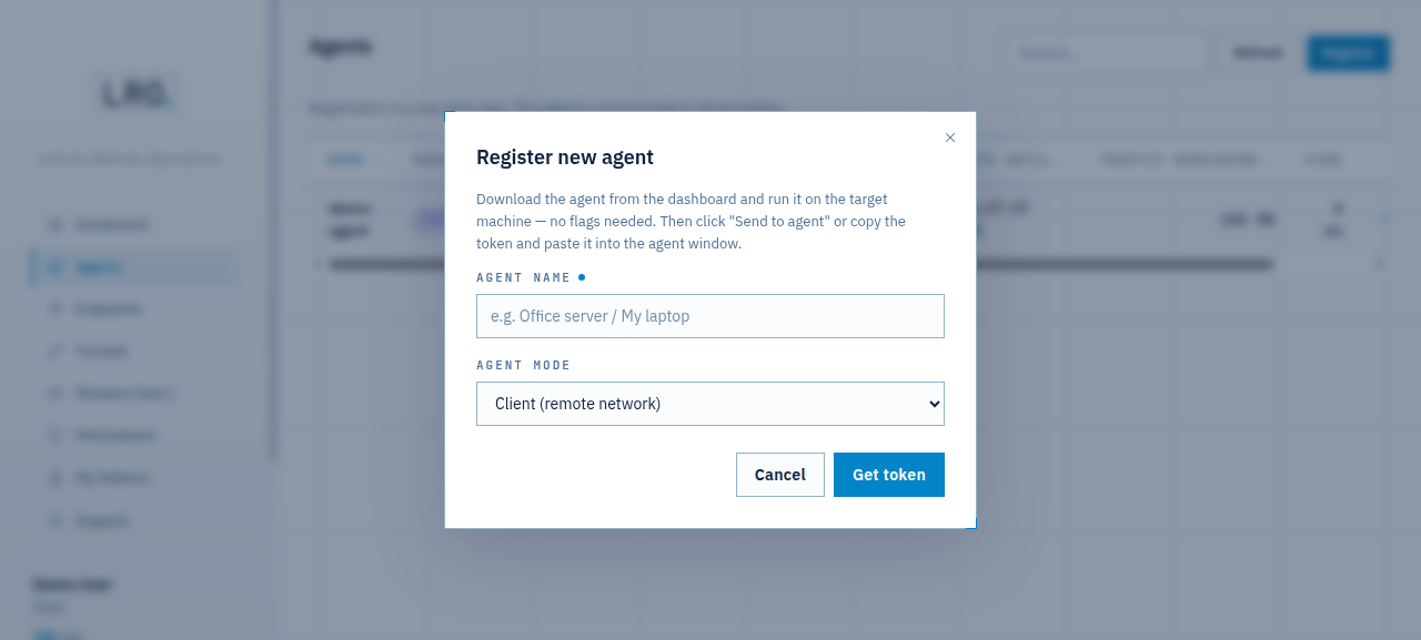 Register new agent dialog with name and mode fields