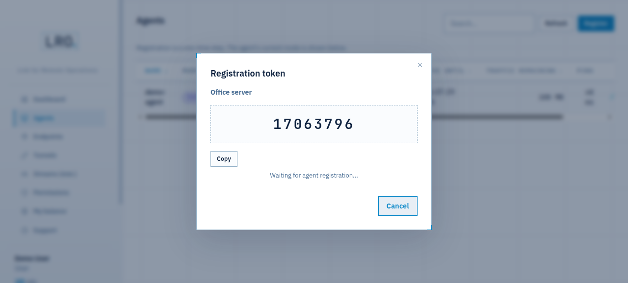 Registration token dialog showing a numeric token and Waiting for agent registration