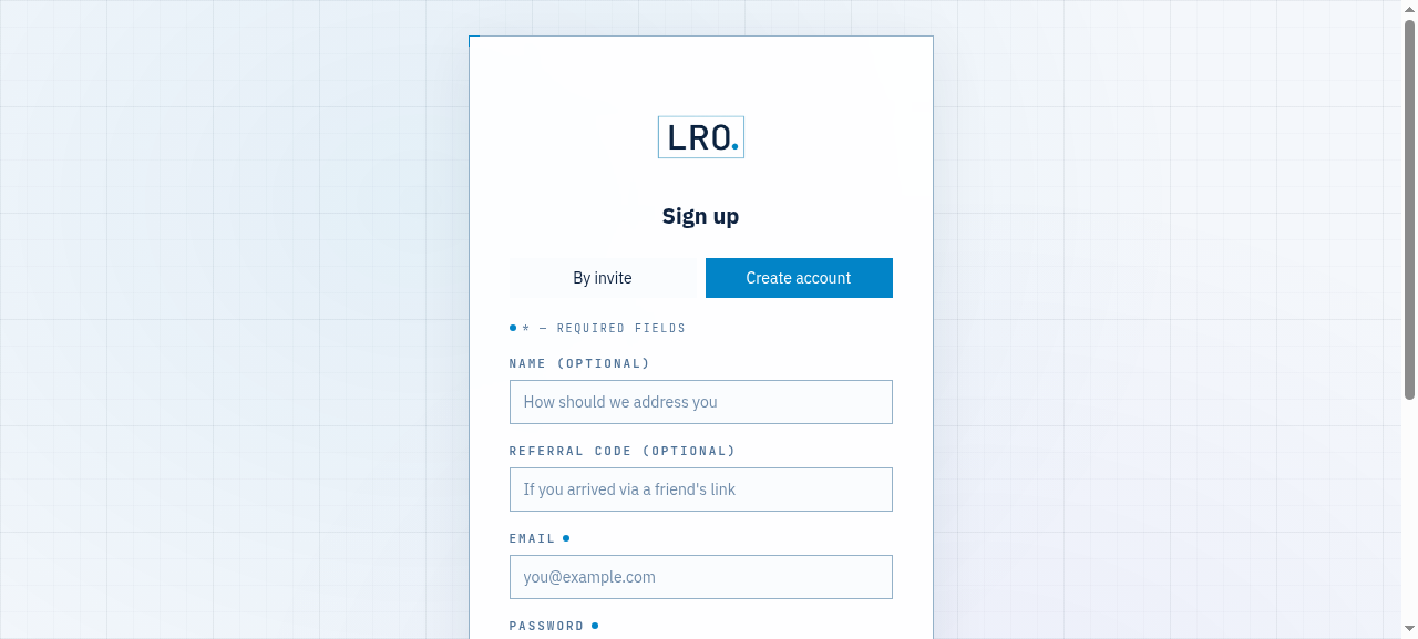 LRO sign-up form with Create account and By invite tabs