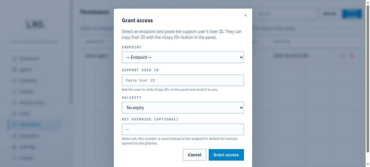 Grant access dialog with endpoint, user ID and expiry fields