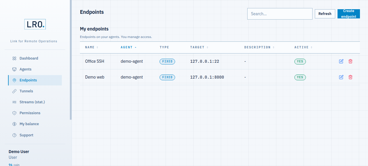 Endpoints list with an Office SSH endpoint pointing at 127.0.0.1:22